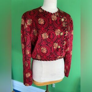 Vintage Richard Warren Saks Fifth Ave Silk Cropped Blazer Red Gold oriental